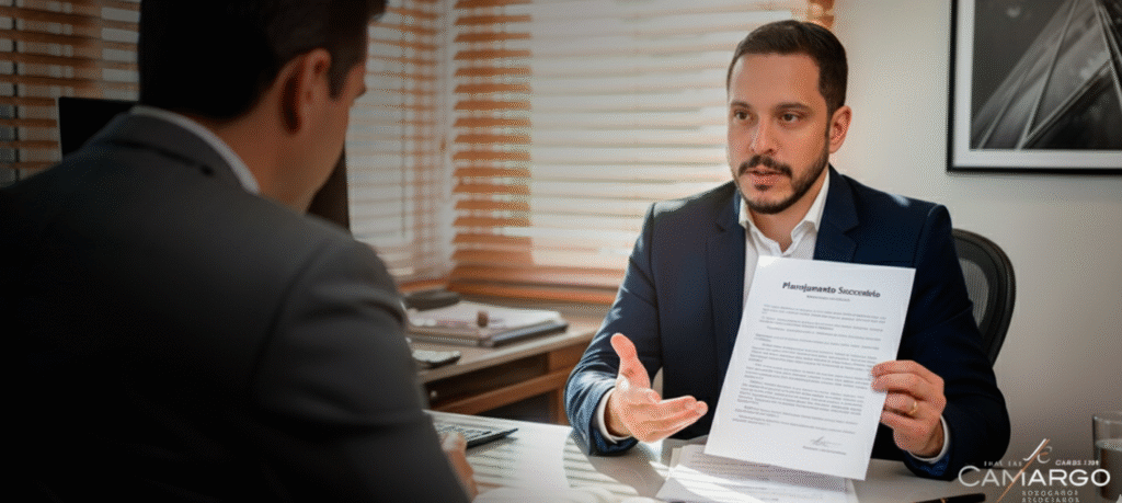 Advogado explica Planejamento Sucessório e ITCMD para cliente em escritório jurídico, mostrando documento de planejamento patrimonial.