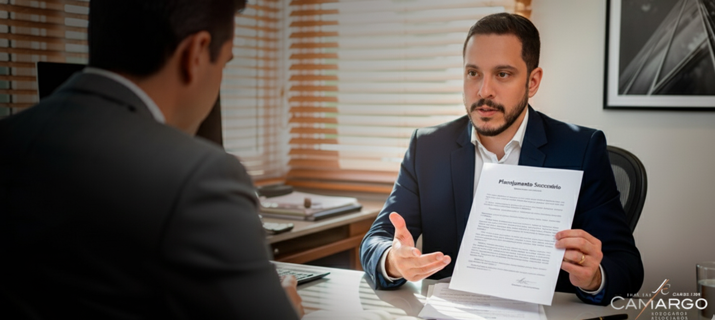Advogado explica Planejamento Sucessório e ITCMD para cliente em escritório jurídico, mostrando documento de planejamento patrimonial.