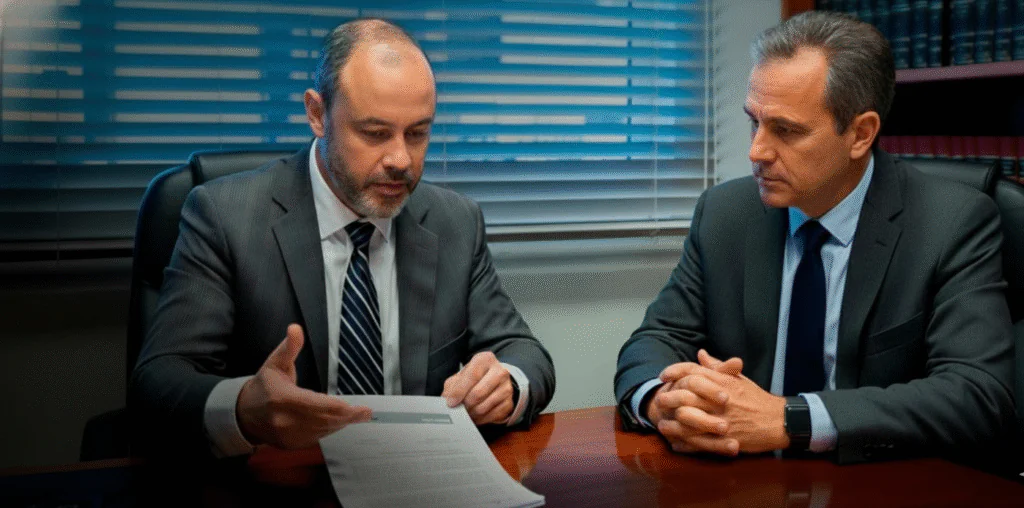 Imagem de profissionais em terno, um mostrando papéis enquanto o outro escuta atentamente.