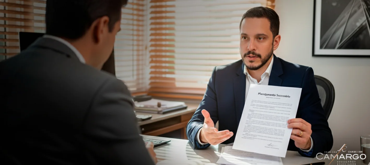 Advogado explica Planejamento Sucessório e ITCMD para cliente em escritório jurídico, mostrando documento de planejamento patrimonial.